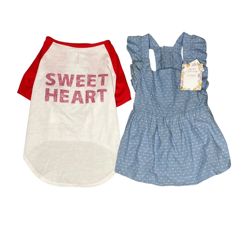Female Dog Clothes M Blue Ruffle Dress NWT Sweet Heart Graphic T Shirt NWOT